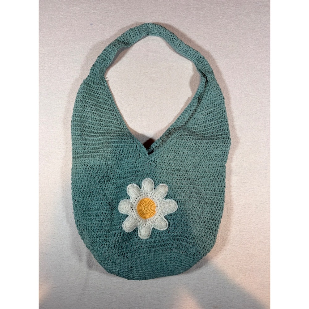 Handmade Crochet Daisy Hobo Bag Teal Blue Boho Knit Shoulder Tote Zipper Lined